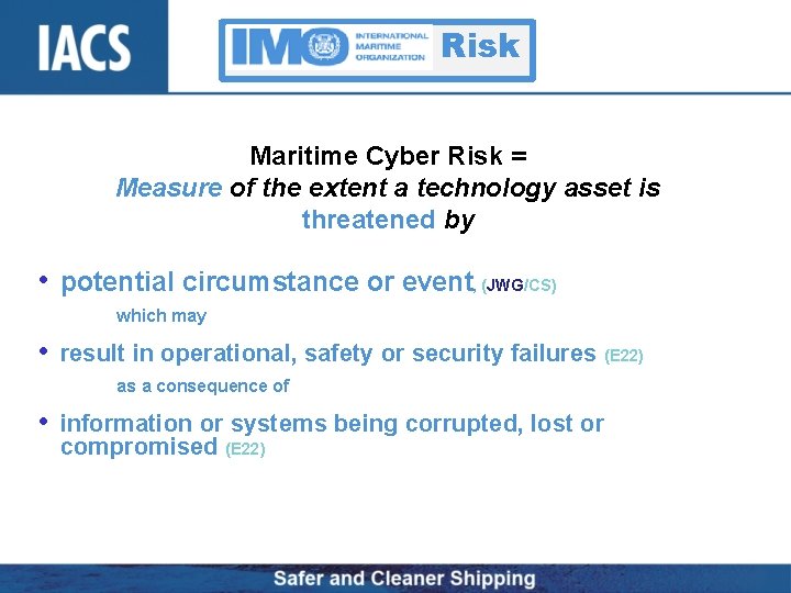Risk Maritime Cyber Risk = Measure of the extent a technology asset is threatened