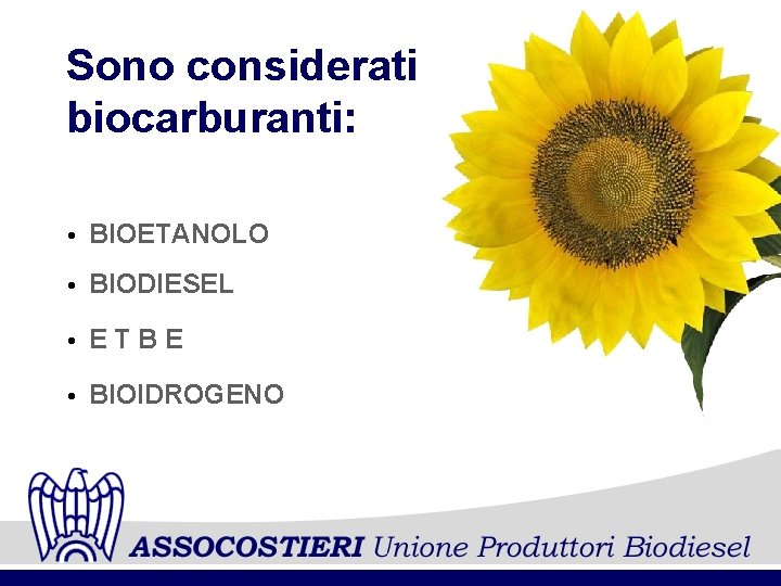 Sono considerati biocarburanti: BIOETANOLO BIODIESEL ETBE BIOIDROGENO 