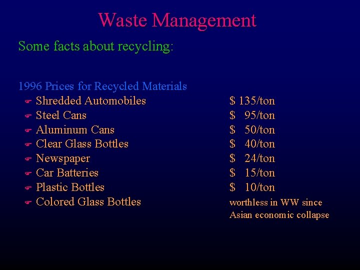 Waste Management Some facts about recycling: 1996 Prices for Recycled Materials F Shredded Automobiles