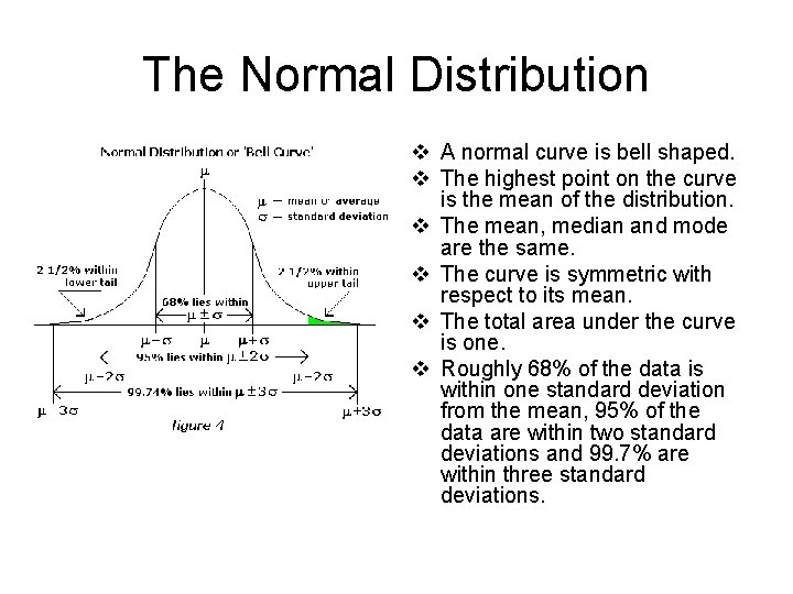 The Normal Distribution v A normal curve is bell shaped. v The highest point