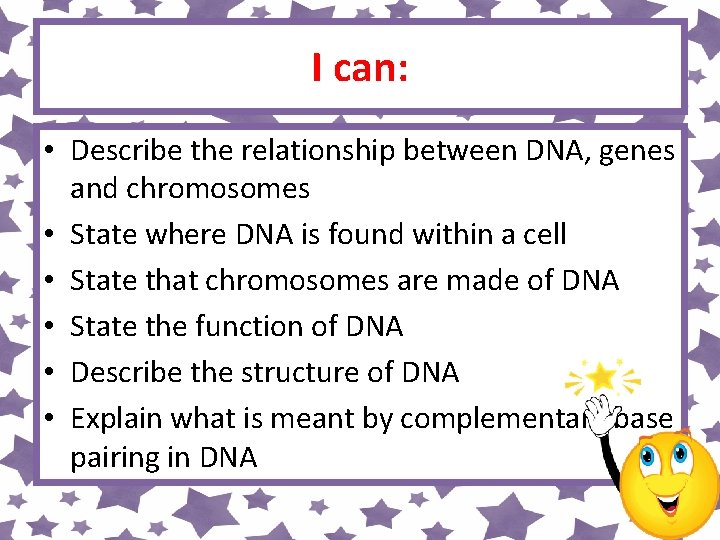 I can: • Describe the relationship between DNA, genes and chromosomes • State where