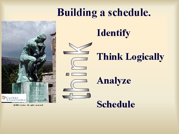 Building a schedule. Identify Think Logically Analyze © 2001 Corbis. All rights reserved. Schedule