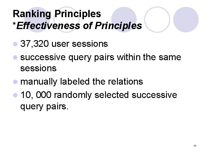 Ranking Principles *Effectiveness of Principles l 37, 320 user sessions l successive query pairs