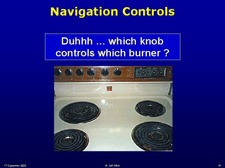 Navigation Controls Duhhh … which knob controls which burner ? 17 September 2020 ©