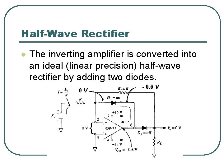 Half-Wave Rectifier l The inverting amplifier is converted into an ideal (linear precision) half-wave