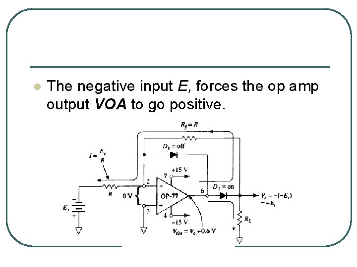 l The negative input E, forces the op amp output VOA to go positive.
