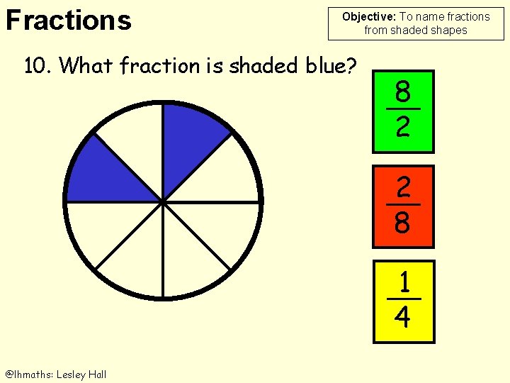 Fractions Objective: To name fractions from shaded shapes 10. What fraction is shaded blue?