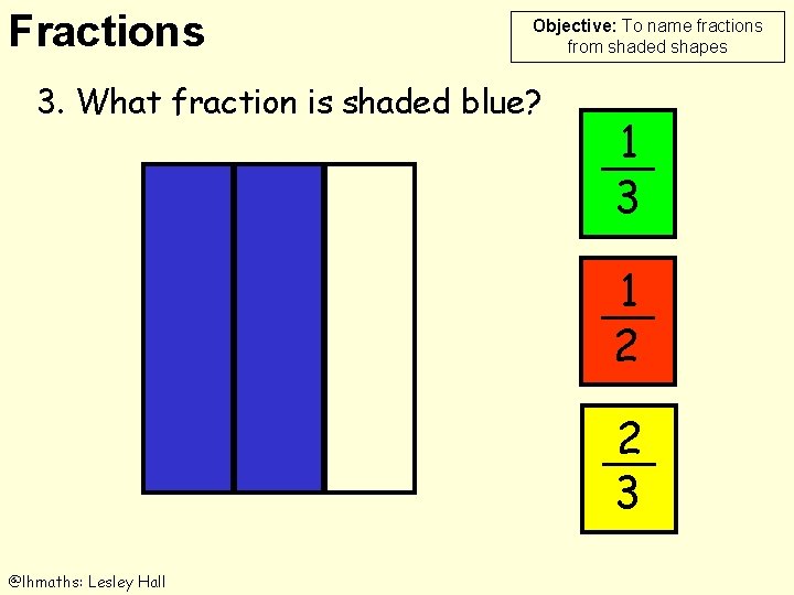 Fractions Objective: To name fractions from shaded shapes 3. What fraction is shaded blue?