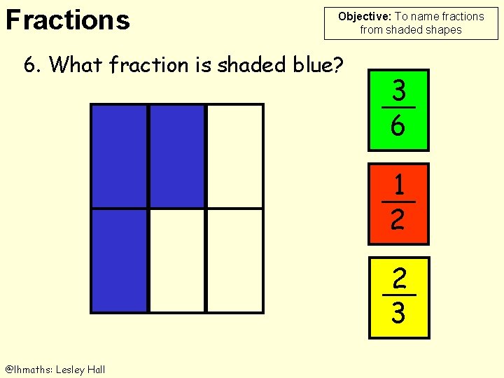 Fractions Objective: To name fractions from shaded shapes 6. What fraction is shaded blue?