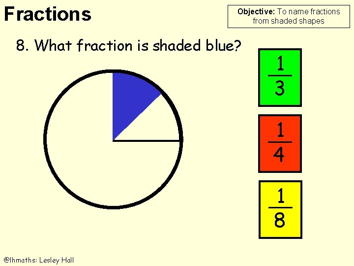 Fractions Objective: To name fractions from shaded shapes 8. What fraction is shaded blue?