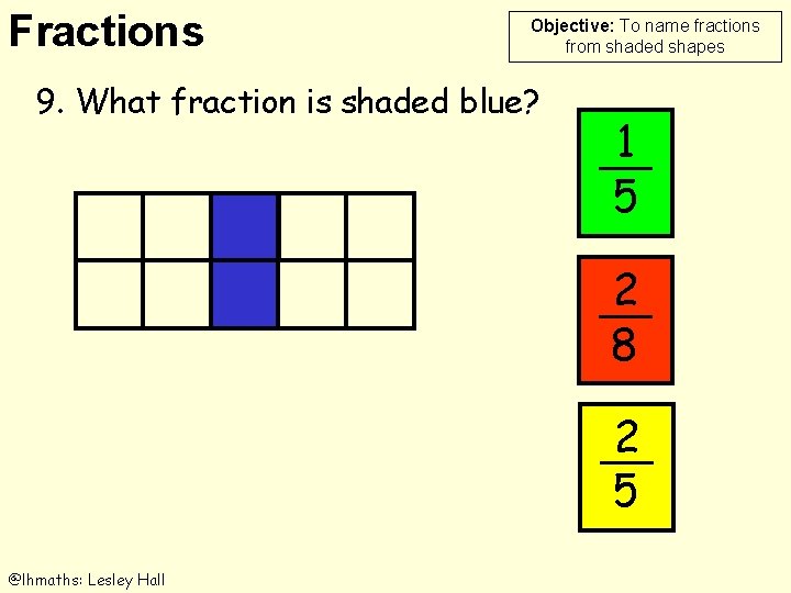 Fractions Objective: To name fractions from shaded shapes 9. What fraction is shaded blue?