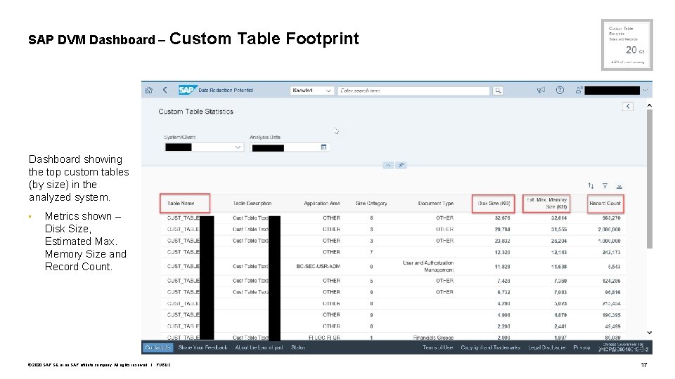 SAP DVM Dashboard – Custom Table Footprint Dashboard showing the top custom tables (by