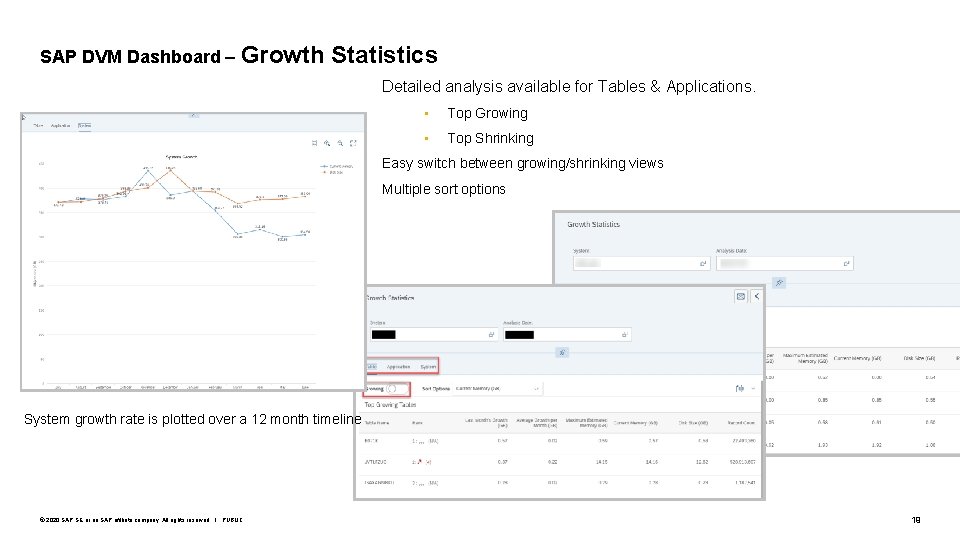 SAP DVM Dashboard – Growth Statistics Detailed analysis available for Tables & Applications. •