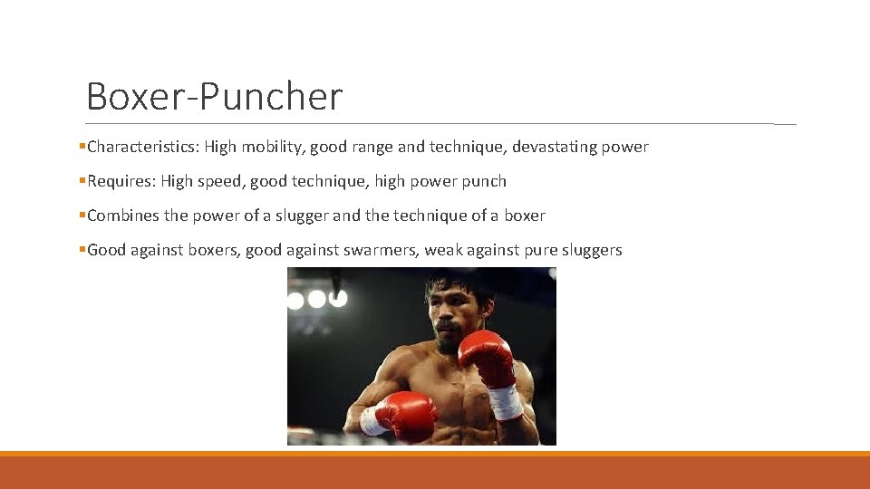 Boxer-Puncher Characteristics: High mobility, good range and technique, devastating power Requires: High speed, good