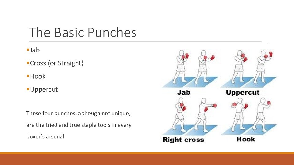 The Basic Punches Jab Cross (or Straight) Hook Uppercut These four punches, although not