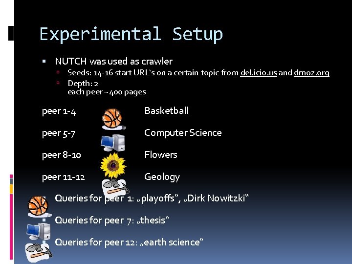 Experimental Setup NUTCH was used as crawler Seeds: 14 -16 start URL‘s on a
