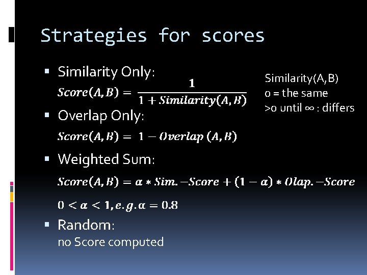 Strategies for scores Similarity Only: Overlap Only: Weighted Sum: Random: no Score computed Similarity(A,