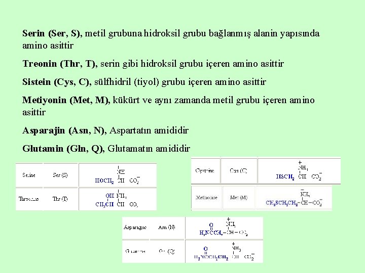 Serin (Ser, S), metil grubuna hidroksil grubu bağlanmış alanin yapısında amino asittir Treonin (Thr,