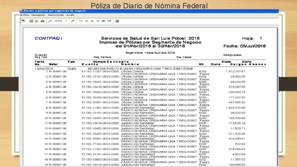 Póliza de Diario de Nómina Federal 