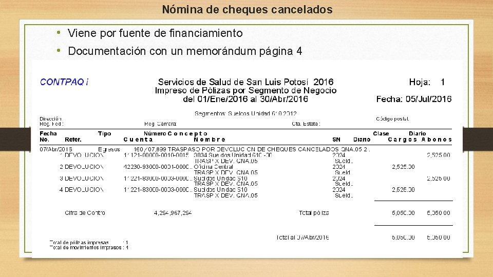 Nómina de cheques cancelados • Viene por fuente de financiamiento • Documentación con un