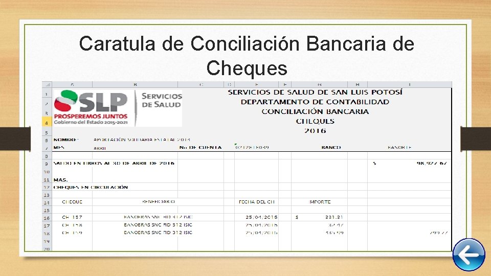 Caratula de Conciliación Bancaria de Cheques 