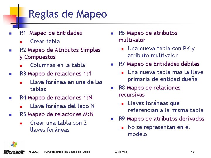 Reglas de Mapeo n n n R 1 Mapeo de Entidades n Crear tabla