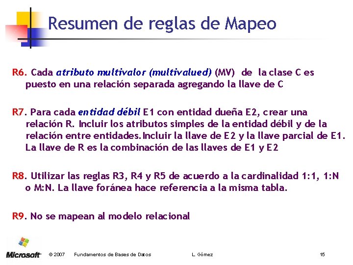 Resumen de reglas de Mapeo R 6. Cada atributo multivalor (multivalued) (MV) de la