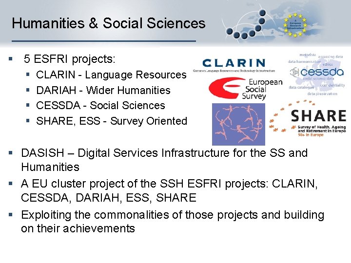 Humanities & Social Sciences § 5 ESFRI projects: § § CLARIN - Language Resources