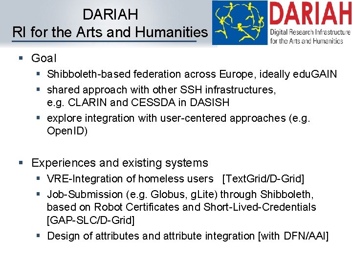 DARIAH RI for the Arts and Humanities § Goal § Shibboleth-based federation across Europe,