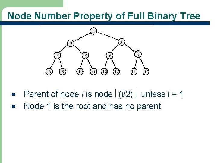 Node Number Property of Full Binary Tree l l 17 Parent of node i