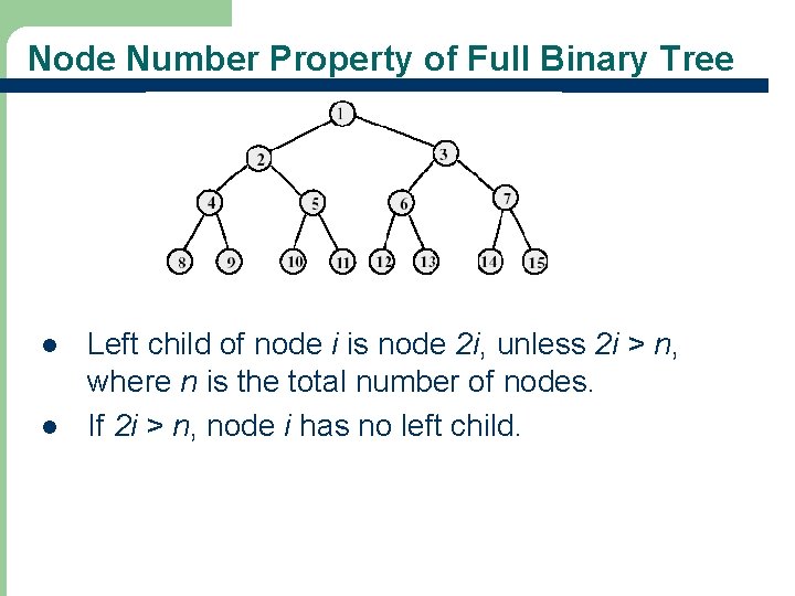 Node Number Property of Full Binary Tree l l 18 Left child of node