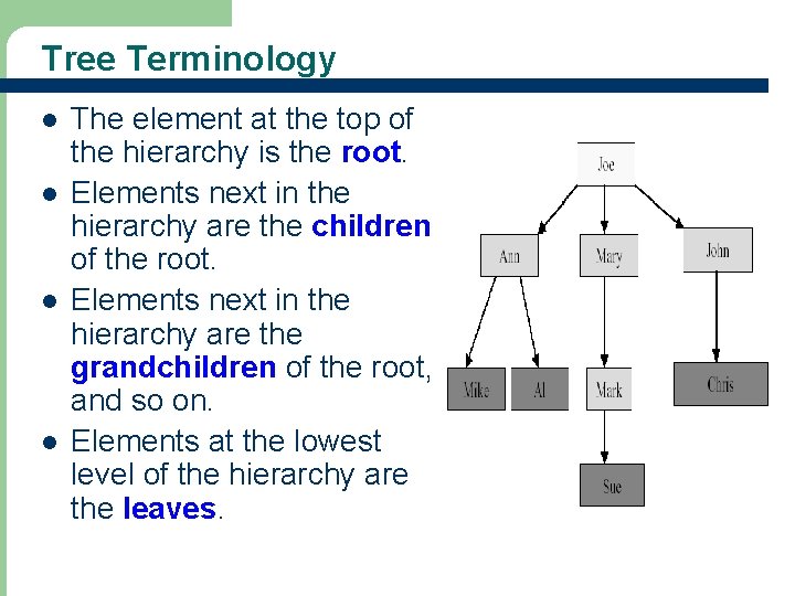 Tree Terminology l l 6 The element at the top of the hierarchy is