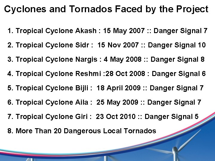Cyclones and Tornados Faced by the Project 1. Tropical Cyclone Akash : 15 May