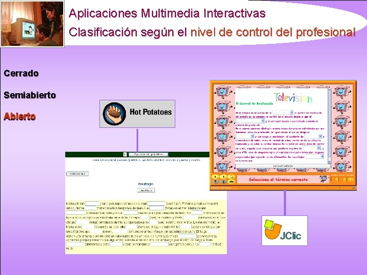 Aplicaciones Multimedia Interactivas Clasificación según el nivel de control del profesional Cerrado Semiabierto Abierto