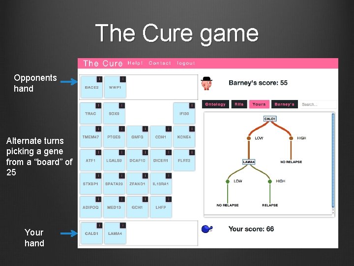 The Cure game Opponents hand Alternate turns picking a gene from a “board” of