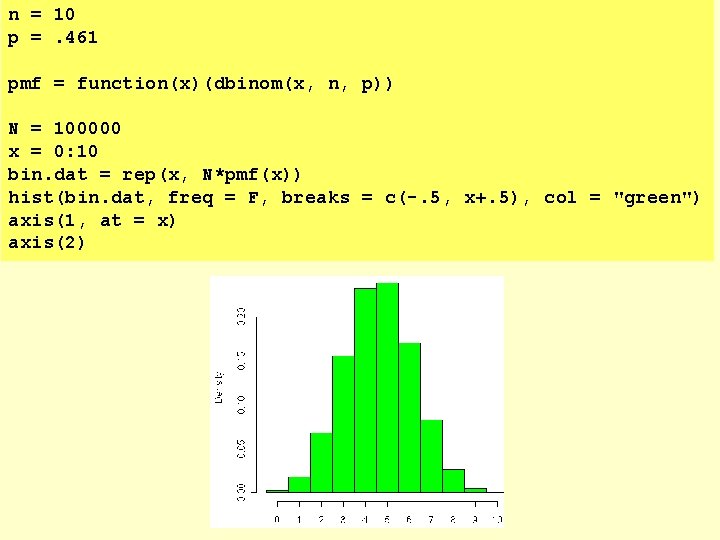 n = 10 p =. 461 pmf = function(x)(dbinom(x, n, p)) N = 100000 n = 10 p =. 461 pmf = function(x)(dbinom(x, n, p)) N = 100000