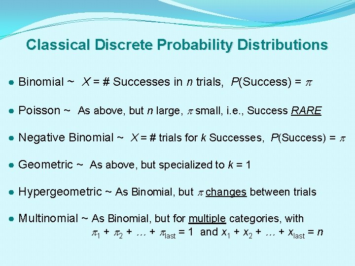 Classical Discrete Probability Distributions ● Binomial ~ X = # Successes in n trials,