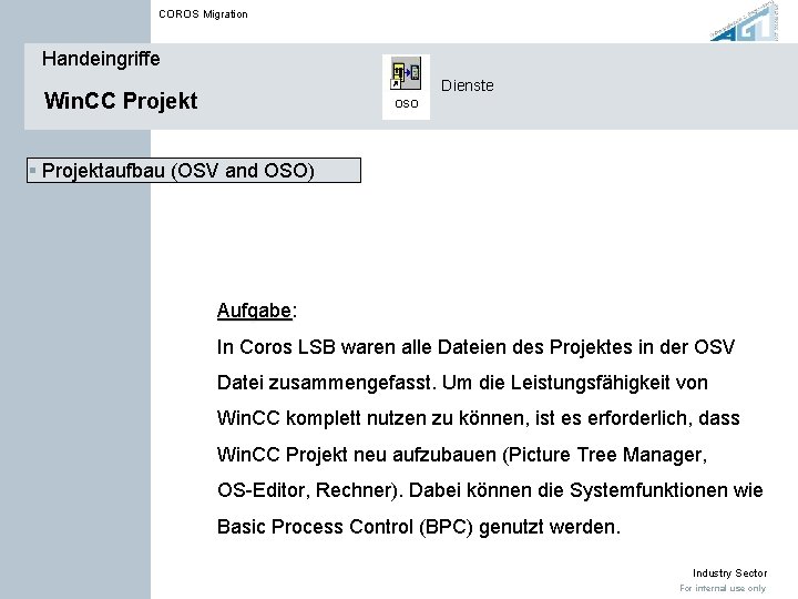 COROS Migration Handeingriffe Dienste Win. CC Projekt OSO § Projektaufbau (OSV and OSO) Aufgabe: