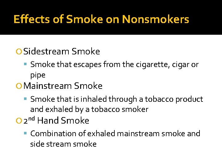 Effects of Smoke on Nonsmokers Sidestream Smoke that escapes from the cigarette, cigar or