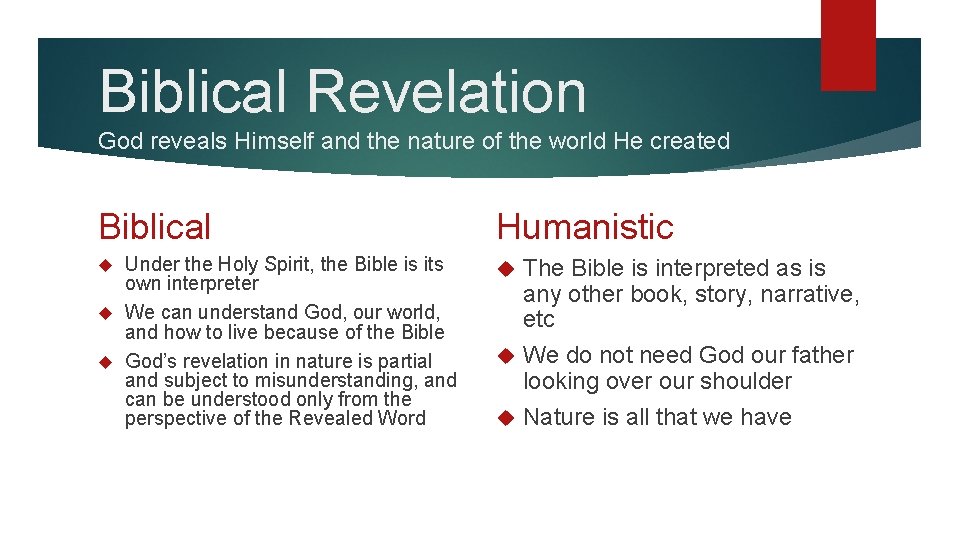 Biblical Revelation God reveals Himself and the nature of the world He created Biblical