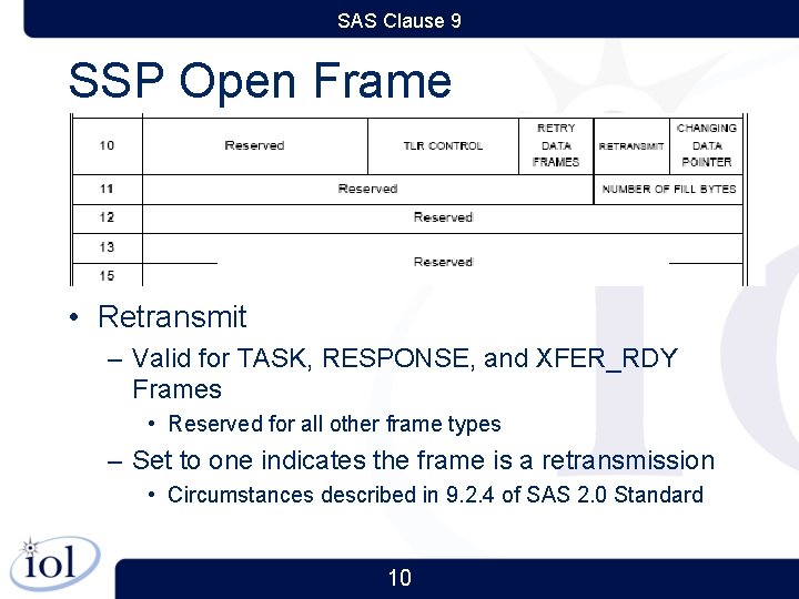SAS Clause 9 SSP Open Frame • Retransmit – Valid for TASK, RESPONSE, and