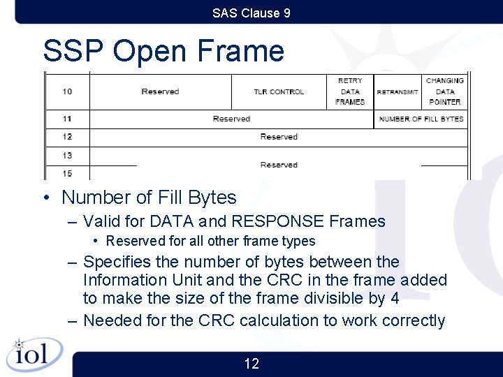 SAS Clause 9 SSP Open Frame • Number of Fill Bytes – Valid for