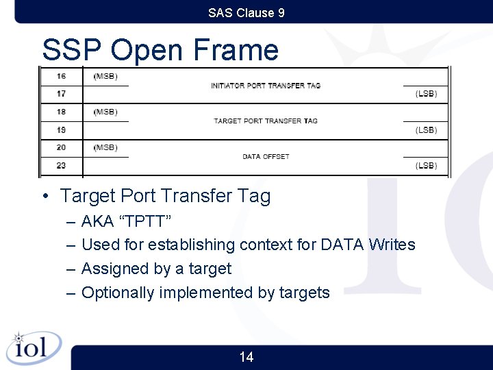 SAS Clause 9 SSP Open Frame • Target Port Transfer Tag – – AKA