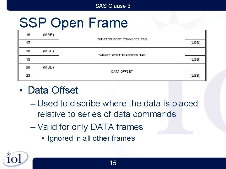 SAS Clause 9 SSP Open Frame • Data Offset – Used to discribe where