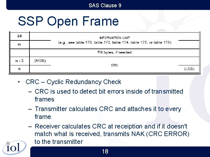 SAS Clause 9 SSP Open Frame • CRC – Cyclic Redundancy Check – CRC