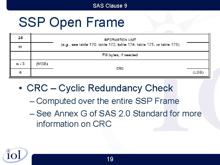 SAS Clause 9 SSP Open Frame • CRC – Cyclic Redundancy Check – Computed