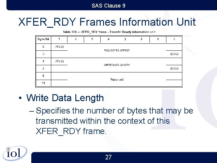 SAS Clause 9 XFER_RDY Frames Information Unit • Write Data Length – Specifies the