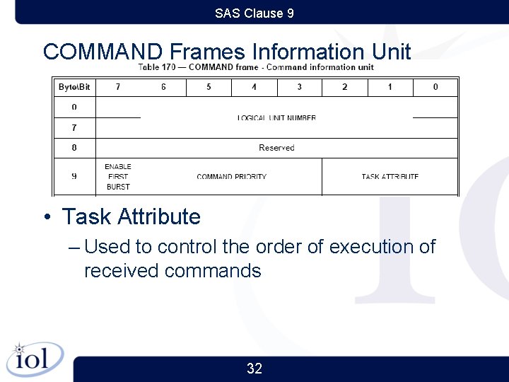 SAS Clause 9 COMMAND Frames Information Unit • Task Attribute – Used to control