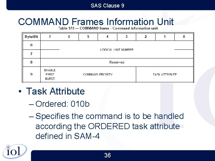 SAS Clause 9 COMMAND Frames Information Unit • Task Attribute – Ordered: 010 b