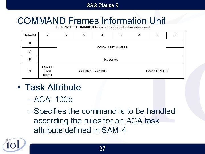 SAS Clause 9 COMMAND Frames Information Unit • Task Attribute – ACA: 100 b